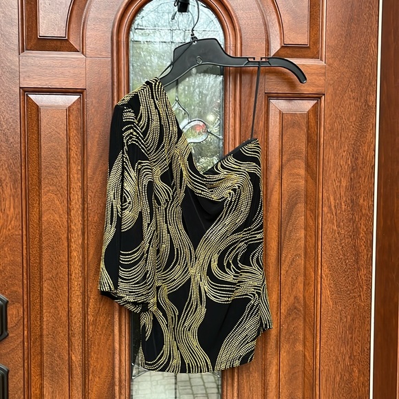 Cache Black One Sleeve Top with Gold Swirl Stud Design Sz M - Picture 3 of 14